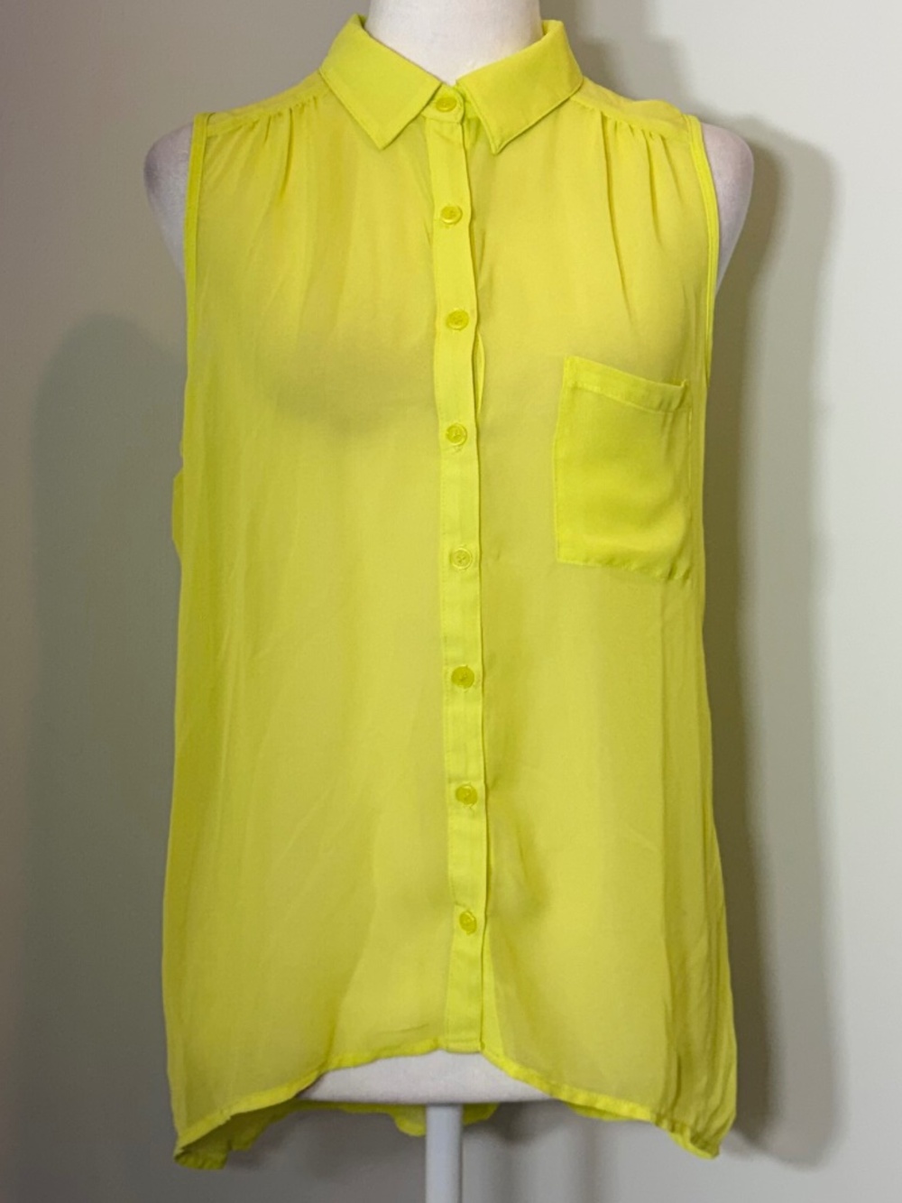EUC Sleeveless High/Low Button Down Fluorescent Green Blouse, Size Large